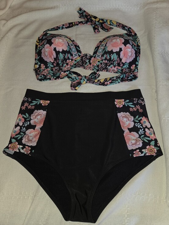Other - Floral Black High-Waist Bikini Set - Pink & Green Flowers